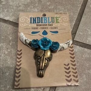 IndiBlue Bronze Skull Pendant with Blue Roses